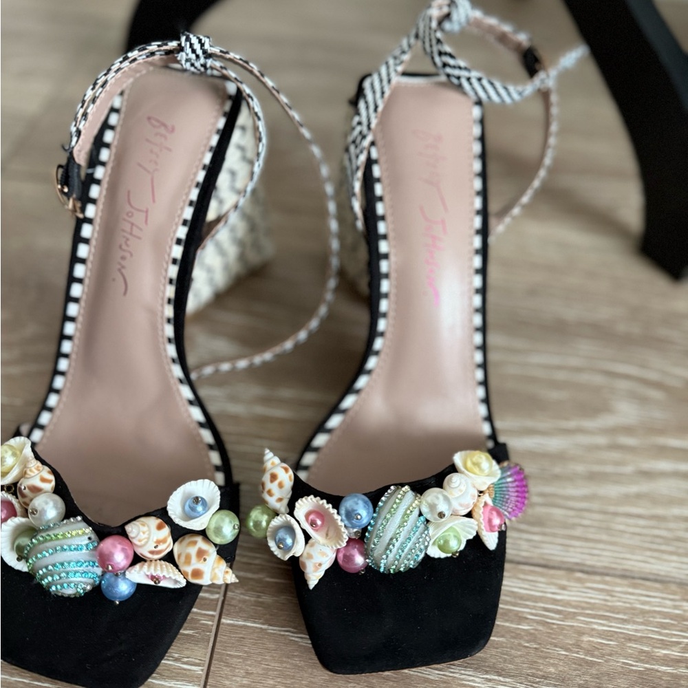 Betsey Johnson Black Sandal Heels with Pastel Shell & Bead Accents